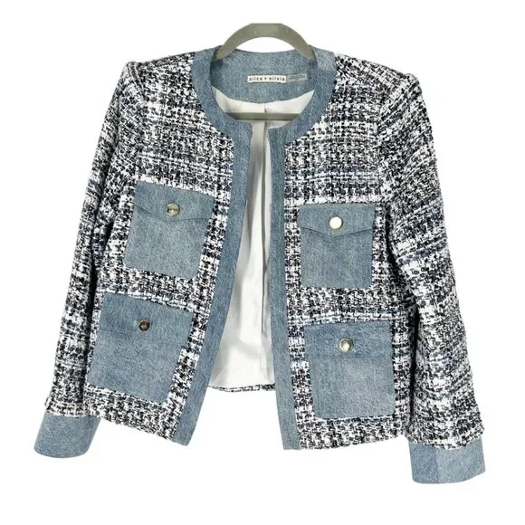 Alice + Olivia Avis Combo Patch Pocket Jacket in Blue Eyes Multi - Picture 2 of 11